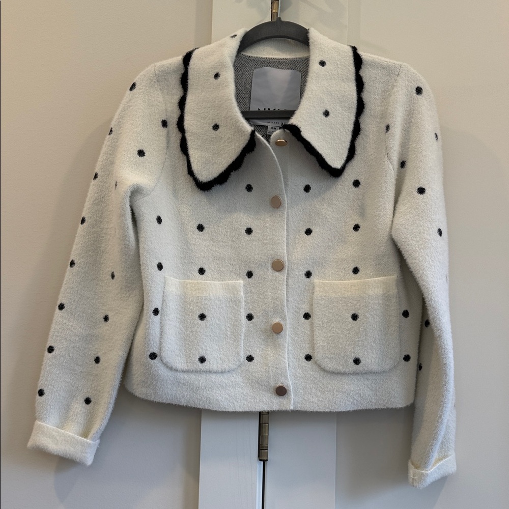 NVLT Anthropologie White and Black Polka Dot Cardigan with Gold Button